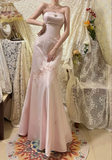 Vintage Pink Strapless Satin Beaded Mermaid Prom Dress HZ1022