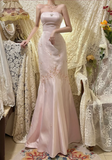 Vintage Pink Strapless Satin Beaded Mermaid Prom Dress HZ1022