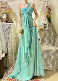 Elegant Lake Green One Shoulder Chiffon Off Shoulder Long Prom Dress HZ1022
