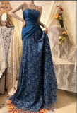 Vintage Navy Blue Pleated Satin Lace Beaded Long Prom Dress HZ1022