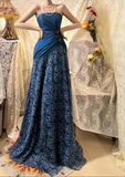 Vintage Navy Blue Pleated Satin Lace Beaded Long Prom Dress HZ1022