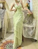 Fresh Green Halter Neck Beaded Layered Chiffon Prom Dress HZ1022