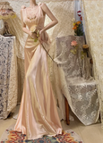 Sweet Pink 3D Rose V-Neck Satin Long Prom Dress HZ1022