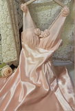 Sweet Pink 3D Rose V-Neck Satin Long Prom Dress HZ1022