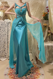 Vintage Lake Blue Design Neckline Beaded Satin Prom Dress HZ1022