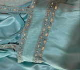Vintage Lake Blue Design Neckline Beaded Satin Prom Dress HZ1022