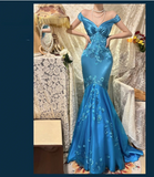 Vintage Blue Satin Beaded Embroidery V-Neck Mermaid Prom Dress HZ1022