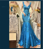 Vintage Blue Satin Beaded Embroidery V-Neck Mermaid Prom Dress HZ1022