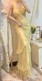 Elegant Yellow Halter Neck Bias Chiffon Lace Trim Prom Dress HZ1022