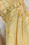 Elegant Yellow Halter Neck Bias Chiffon Lace Trim Prom Dress HZ1022