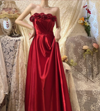 Beautiful Red Strapless Three-dimensional Rose Satin A-line Long Prom Dress HZ1022