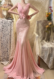 Elegant Pink Strap V-neck Chiffon Lace Rose Prom Dress HZ1022