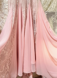 Elegant Pink Strap V-neck Chiffon Lace Rose Prom Dress HZ1022