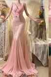 Elegant Pink Strap V-neck Chiffon Lace Rose Prom Dress HZ1022
