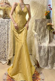 Elegant Sleeveless Halter Neck Satin Hand-Beaded Mermaid Prom Dress HZ1022