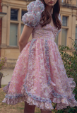 Princess Print Short Sleeve Pink Tulle A-Line Birthday Skirt Homecoming Dress HZ1022