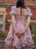 Princess Print Short Sleeve Pink Tulle A-Line Birthday Skirt Homecoming Dress HZ1022