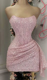 Cute Pink Sleeveless Sequined Slim Fit Hip 17th Birthday Homecoming Dress HZ1022
