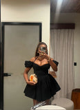 Elegant Halterneck Black Satin A-line Off-the-shoulder Birthday Dress Homecoming Dress HZ1022