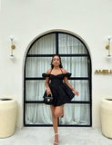 Elegant Halterneck Black Satin A-line Off-the-shoulder Birthday Dress Homecoming Dress HZ1022