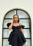 Elegant Halterneck Black Satin A-line Off-the-shoulder Birthday Dress Homecoming Dress HZ1022