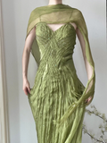 Flowy Green Strapless Pleated Satin Chiffon Long Prom Dress HZ1022