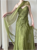 Flowy Green Strapless Pleated Satin Chiffon Long Prom Dress HZ1022