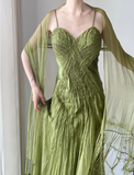 Flowy Green Strapless Pleated Satin Chiffon Long Prom Dress HZ1022