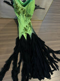 Vintage Green Beaded V Neck Jellyfish Skirt Long Prom Dress HZ1022