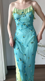 Beautiful Ruffled Beaded Strapless Blue Long Prom Dress HZ1022