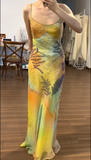 Vintage Strapless Oil Painting Beaded Chiffon Long Prom Dress HZ1022