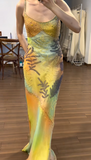 Vintage Strapless Oil Painting Beaded Chiffon Long Prom Dress HZ1022