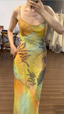 Vintage Strapless Oil Painting Beaded Chiffon Long Prom Dress HZ1022