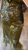 Vintage Emerald Deep V Neck Beaded Satin Lace Elegant Prom Dress HZ1022