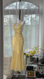 Pretty Yellow Sequin Halter Neck Backless Mermaid Prom Dress HZ1022