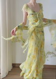 Light Yellow And Green V-neck Ruffled Chiffon Prom Dress HZ1022