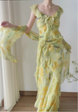 Light Yellow And Green V-neck Ruffled Chiffon Prom Dress HZ1022