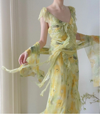 Light Yellow And Green V-neck Ruffled Chiffon Prom Dress HZ1022