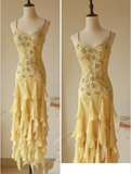 Flowy Strapless Yellow Beaded Jellyfish Skirt Chiffon Prom Dress HZ1022
