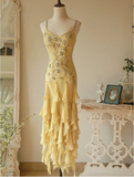 Flowy Strapless Yellow Beaded Jellyfish Skirt Chiffon Prom Dress HZ1022