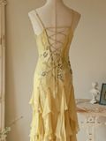 Flowy Strapless Yellow Beaded Jellyfish Skirt Chiffon Prom Dress HZ1022