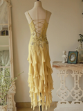Flowy Strapless Yellow Beaded Jellyfish Skirt Chiffon Prom Dress HZ1022