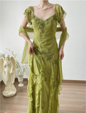 Elegant Green Embroidered Flying Sleeve Chiffon Prom Dress HZ1022