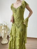 Elegant Green Embroidered Flying Sleeve Chiffon Prom Dress HZ1022