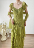 Elegant Green Embroidered Flying Sleeve Chiffon Prom Dress HZ1022