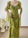 Elegant Green Embroidered Flying Sleeve Chiffon Prom Dress HZ1022