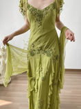 Elegant Green Embroidered Flying Sleeve Chiffon Prom Dress HZ1022