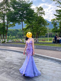 Stunning Purple Strappy V-Neck Printed Tulle Mermaid Prom Dress HZ1022