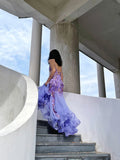 Stunning Purple Strappy V-Neck Printed Tulle Mermaid Prom Dress HZ1022
