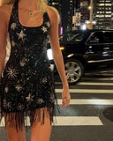 Sparkling Tassel Square Neck Star Sequin Open Back Homecoming Dress HZ1022